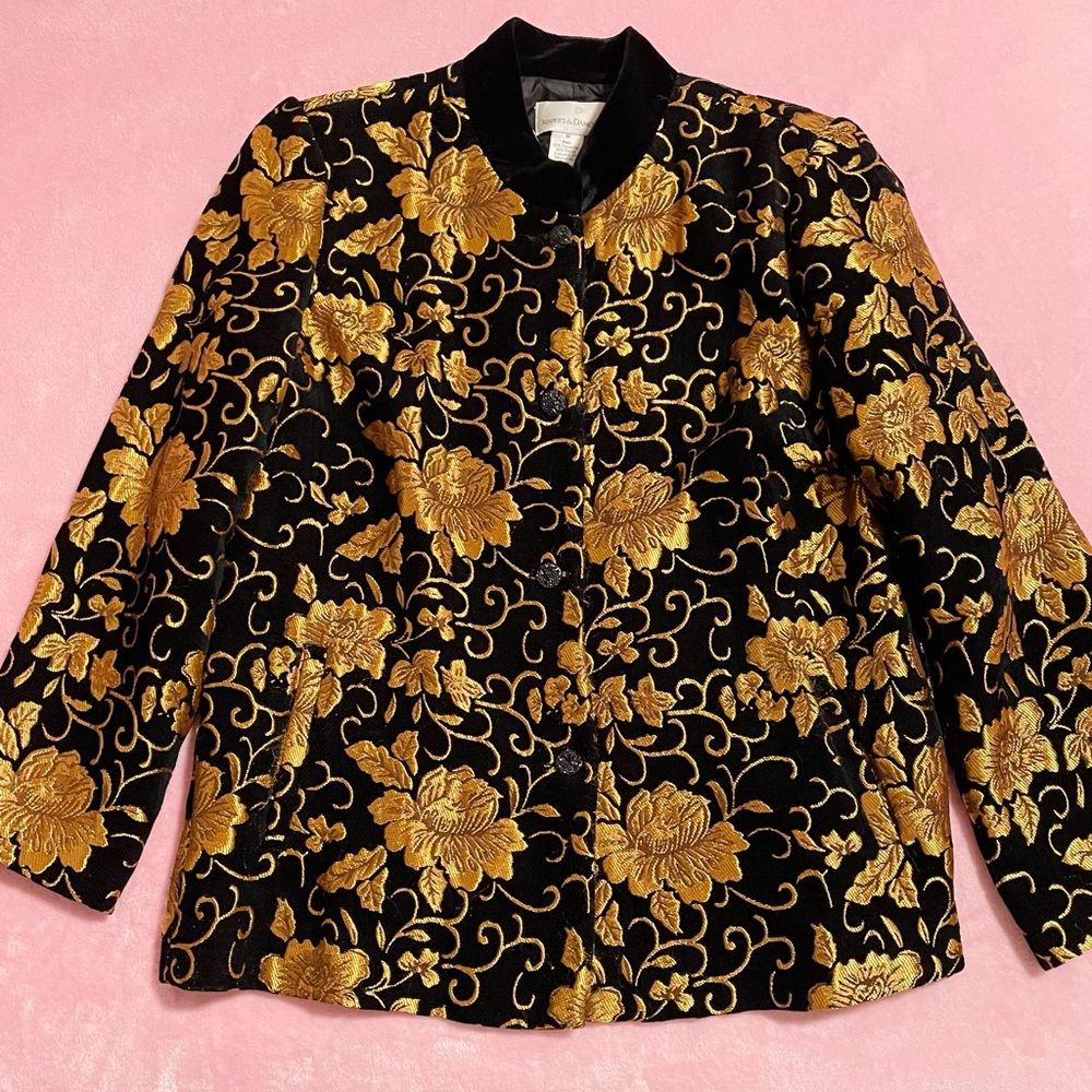 Women’s Vintage Metallic Black Gold Velvet Floral Blazer Jacket Size Medium